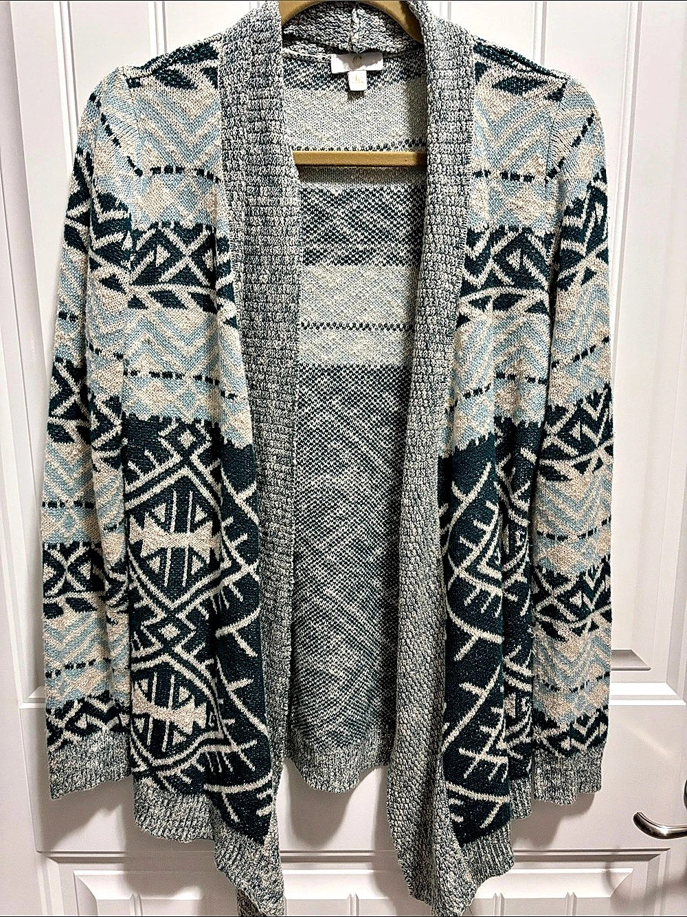 Geometric Southwestern Open Front Cardigan Sweater L Teal Cream